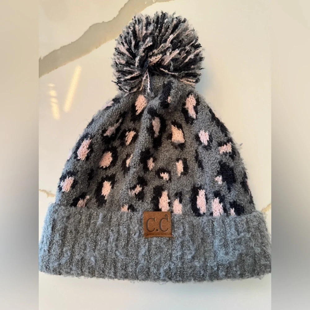 C.C Gray and Pink Pom-Pom Beanie